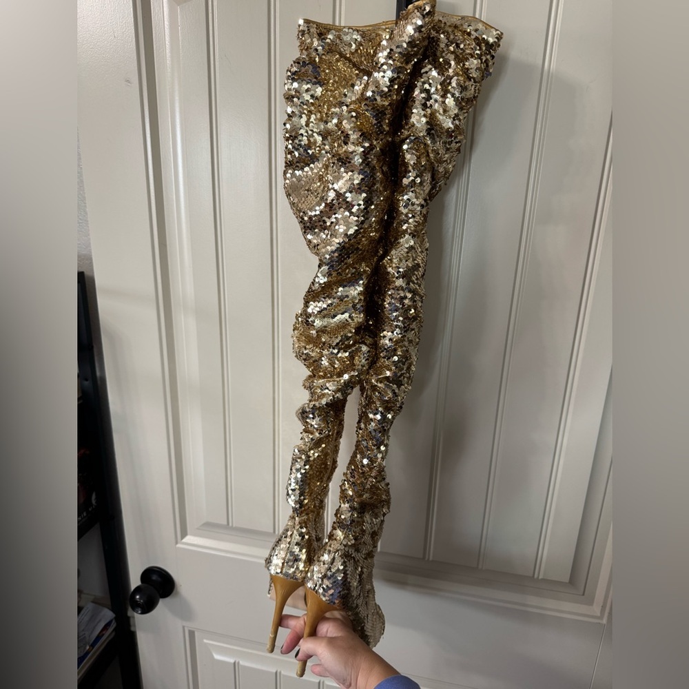 CAMSSOO 🌟 Gold Sequins Over-the-Knee Stiletto Peep-Toe Boots (Women's Size 8.5) - Picture 8 of 16